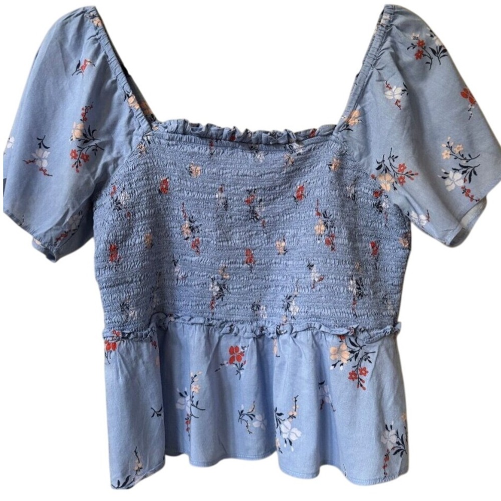 Madewell Crop Smocked Puff Sleeve S Top Boho Peplum Waist Ruffle Feminine Floral